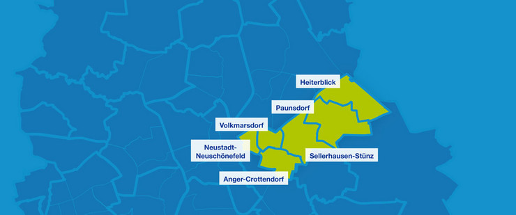 Karte mit den Umrissen der Leipziger Ortsteile. Hervorgehoben sind Neustadt-Neuschönefeld, Anger-Crottendorf, Volkmarsdorf, Sellerhausen-Stünz, Paunsdorf und Heiterblick.