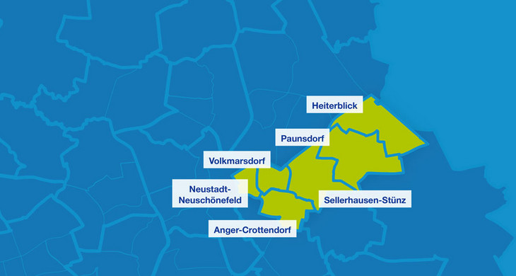 Karte mit den Umrissen der Leipziger Ortsteile. Hervorgehoben sind Neustadt-Neuschönefeld, Anger-Crottendorf, Volkmarsdorf, Sellerhausen-Stünz, Paunsdorf und Heiterblick.