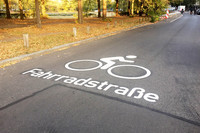 Ein großes weißes Piktogramm auf der Straße mit einem Menschen auf einem Fahrrad und der Schrift Fahrradstraße weisen auf die Fahrradstraße hin.