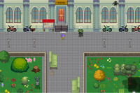 Szene aus einem alten, pixeligen Computerspiel mit einer Spielfigur, die durch eine Stadt läuft