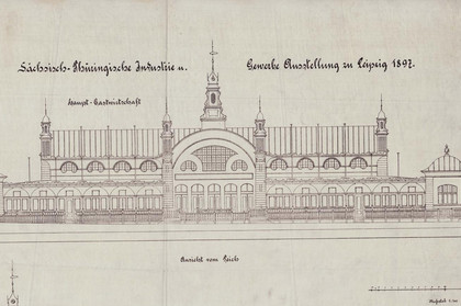 Zeichnung der Außenansicht und Querschnitt der Hauptgastwirtschaft der Sächsisch-Thüringische Industrie- und Gewerbeausstellung vom 28.04.1896 