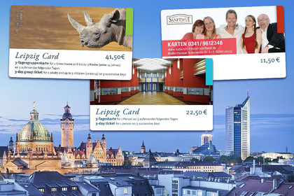 Silhouette Leipzigs mit drei verschiedenen Leipzig Cards (Angebotskarten)