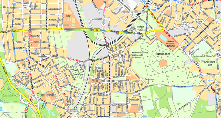 Stadtplan mit Straßenbahn- und Busliniennetz der Stadt Leipzig