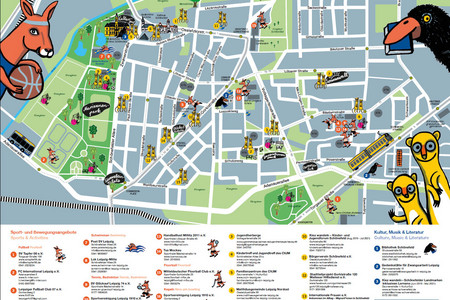 Der Stadtplan von Schönefeld ist mit Tierfiguren gestaltet, die auf Angebote für Kinder in dem Stadtteill hinweisen.