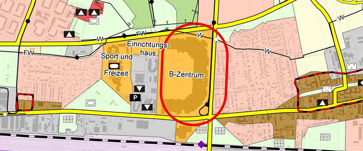 The picture shows a map section of the land use plan. You can see the Paunsdorf Center with its surroundings. The B-Center ist marked with a red circle.