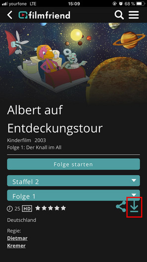 Bildschirmfoto einer Kinderserie mit den Auswahlmöglichkeiten zum Abspielen oder zum Download