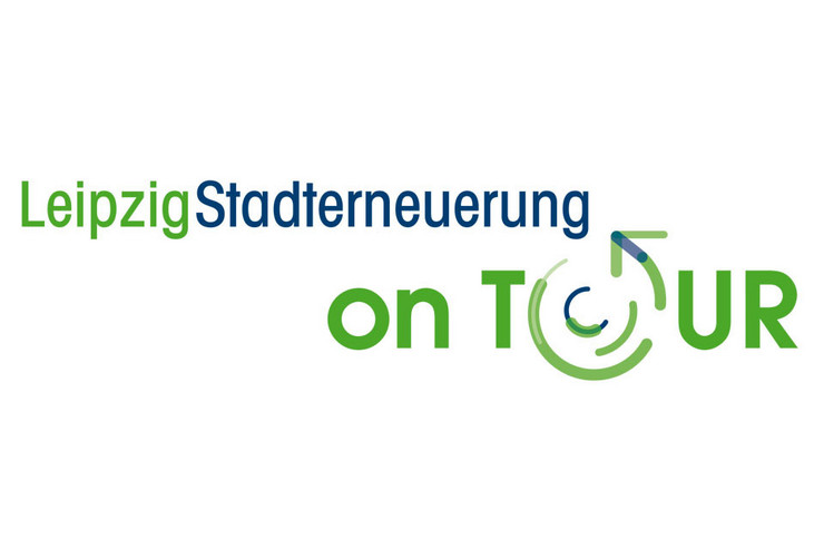 Wort-Bild-Marke in grün blau Logo mit Schirftzug Leipzig Stadterneuerung on Tour