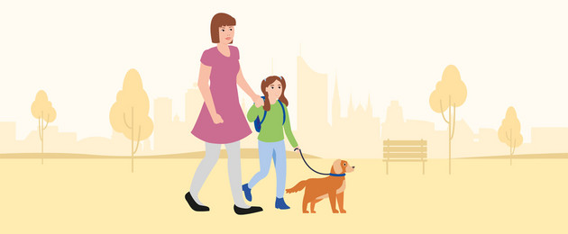 Zeichnung: Frau mit Kind und Hund gehen spazieren. Im Hintergrund Leipziger Gebäude.