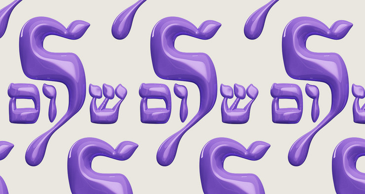 Auf dem Bild ist das Wort Schalom mit hebräischen Schriftzeichen als lila Ballons dargestellt. 