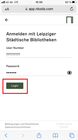 Bildschirmfoto der Login-Seite für die Eingabe der benutzernummer und des Passwortes mit einer roten Markierung um den "Login" Button.