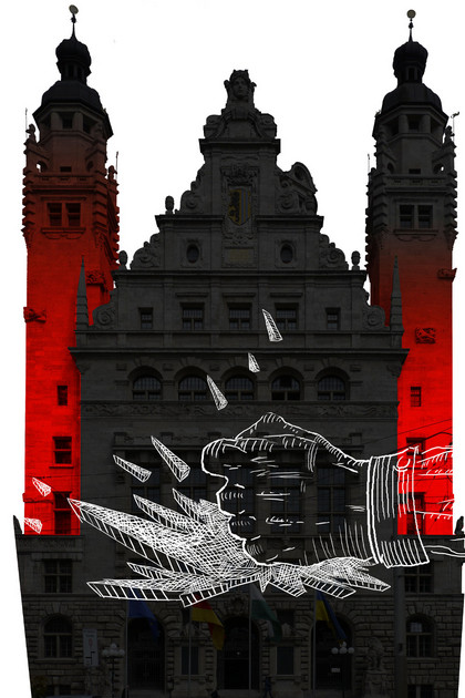 Grafik: Fassade des Neuen Rathauses mit einer Faust, die auf eine Fläche schlägt