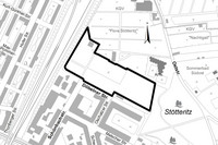 Karte mit eingezeichnetem Geltungsbereich des Bebauungsplan Nr. 443 Gemeinbedarfsfläche Döbelner Straße