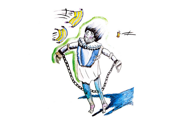 Grafik eines singenden und schwebenden Gespenstes. Seine Arme sind mit einer Kette gefesselt. 