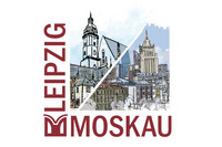 Das Logo zeigt die beiden Stadtnamen Leipzig und Moskau in roter Schrift, diese umrahmen eine Zeichnung der Thomaskirche und eines Regierungsgebäudes in Moskau