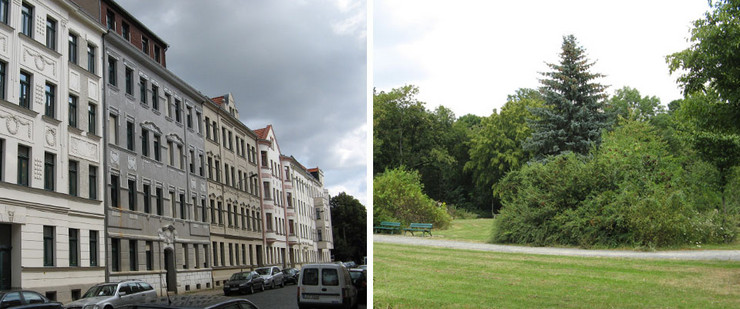 Collage einer Häuserzeile neben einer Parkanlage in Stötteritz.