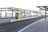 Die Visualisierung zeigt die vier Bahnsteige mit Überdachung, Fahrkartenautomaten und Sitzbänken