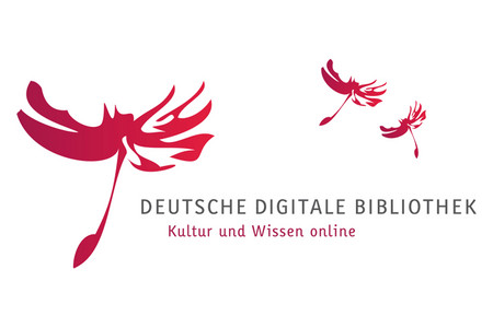 Logo of the German Digital Library, red flower graphics and dark letters on white background