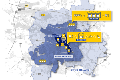 Die Grafik zeigt in Form von markierten Bereichen in Leipzig die Standorte, an denen das Hub-Konzept für Expressdienste geplant ist