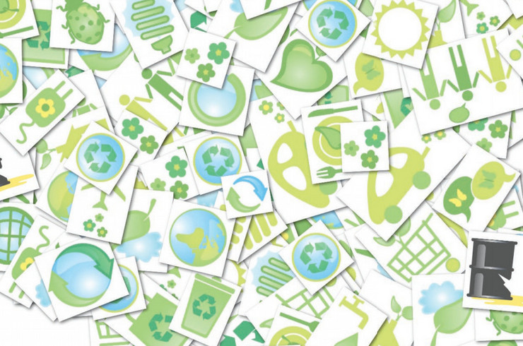 Vorrangig grün-weiß-blau gestaltete Grafik mit Elementen für Visualisierung des Themas Umwelt wie Gifttonne, Erde, Blätter, Blumen, Prüfsiegel u.a.