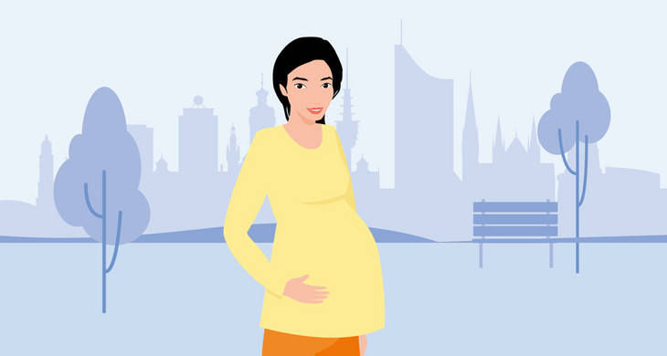 Grafik: Schwangere Frau mit Babybauch. Im Hintergrund Leipziger Gebäude.