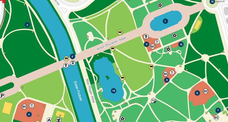 Karte des Clara-Zetkin-Parks. Die Flächen sind mit verschiedenen Grüntönen markiert, die für verschiede Nutzungsmöglichkeiten stehen. Weitere Markierungen stehen für Mülltonnen, Feuerstellen, WCs, Parkmöglichkeiten, Imbiss und Spielplätze.