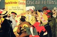 Gezeichnetes Bild einer Menschenmenge vor einer Litfasssäule mit Titeln von Operetten