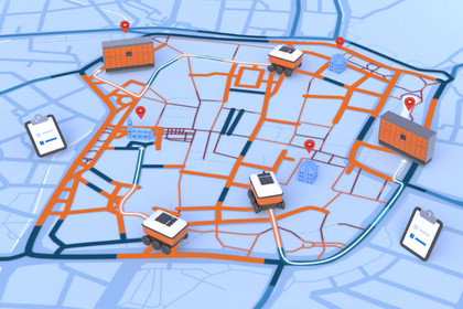 Karte der Leipziger Innenstadt mit orange hervorgehobenen Straßen, auf denen Miniaturen von selbstfahrenden Fahrzeugen, Verteilzentren und Klemmbrettern angeordnet sind.