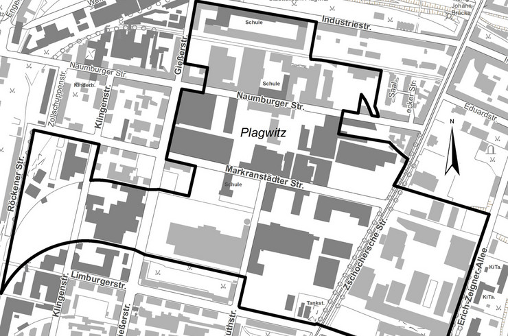 Darstellung des Geltungsbereiches für den Bebauungsplan Nr. 428 Gewerbegebiet Plagwitz Süd/ Markranstädter Straße mit Markierung auf einer Stadtkarte