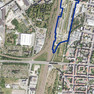 Zu sehen ist das Luftbild zum Grünen Bahnhof Plagwitz mit einer gelben Umrandung des Bebauungsplanes Nr. 380.1 aus dem Jahr 2021