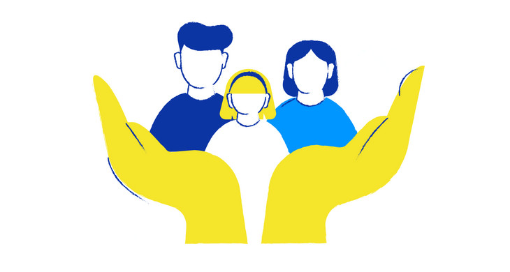 Auf dem Bild ist eine geöffnete Hand in gelber Farbe zu sehen, die 3 Personen hält.