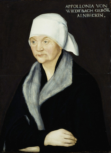 Gemälde einer älteren Frau mit weißer Haube, schwarzem Mantel und Pelzkragen