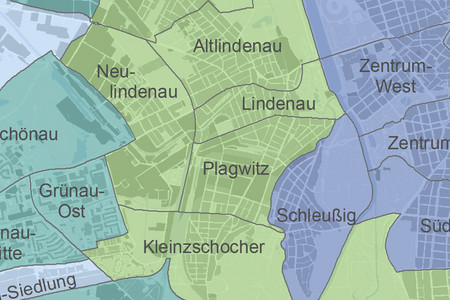 Stadtkartenausschnitt mit den markierten Stadtteilen Altlindenau, Neulindenau, Lindenau, Plagwitz, Kleinzschocher