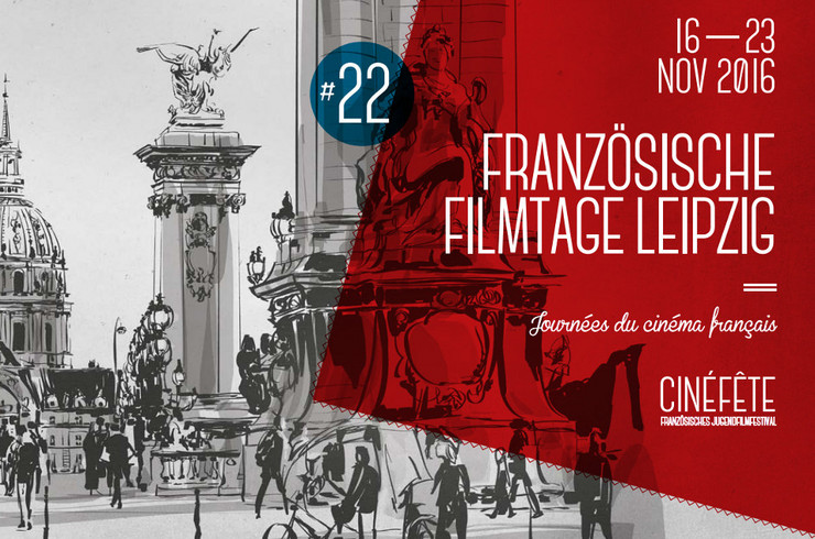 Plakatmotiv der französischen Filmtage 2016 mit einer Zeichnung einer französischen Straßenszene und dem Text Französische Filmtage Leipzig - 16-23. November 2016