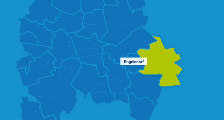 Karte mit den Umrissen der Leipziger Ortsteile im Süden. Engelsdorf ist hervorgehoben