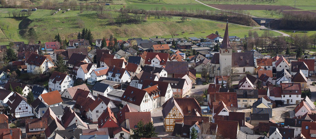 Luftbild einer ländlichen Gemeinde mit einer Kirche in der Ortsmitte
