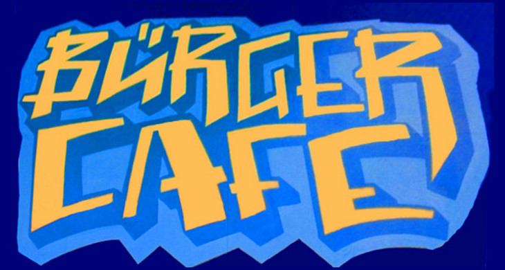 Logo Bürger Cafe mit gelben Schriftzug Bürger Cafe auf blauem Grund