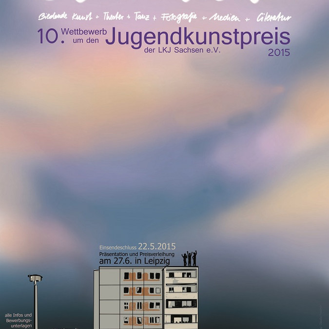 Plakat zum Jugendkunstpreis 2015 zum Thema Sehnsucht zeigt ein einsames Haus vor einem violett gefärbten Himmel