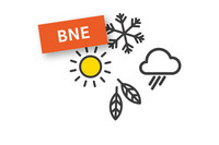 Piktogramm mit Wolke, Sonne, Schneeflocke und Blättern. Daneben der Schriftzug "BNE"