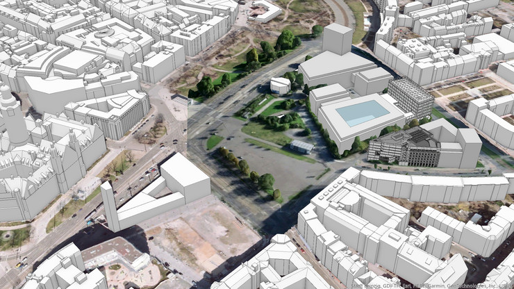 Die zukünftige Bebauung des Wilhelm-Leuschner-Platzes im 3D Stadtmodell.