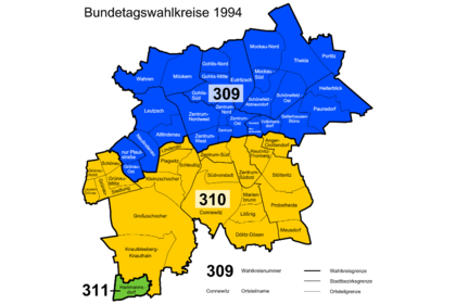 Karte mit den Wahlkreisen in der Stadt Leipzig zur Bundestagswahl 1994.