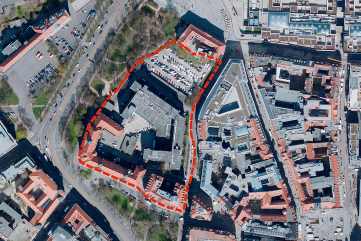 Luftbild mit markierten Gelände des Matthaikirchhofes