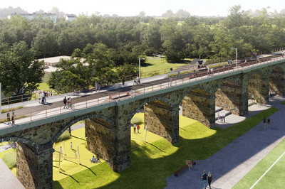 Visualisierung des alten Eisenbahnviaduktes, wie es nach dem Umbau genutzt werden kann: für Fußgänger, Radfahrer. 