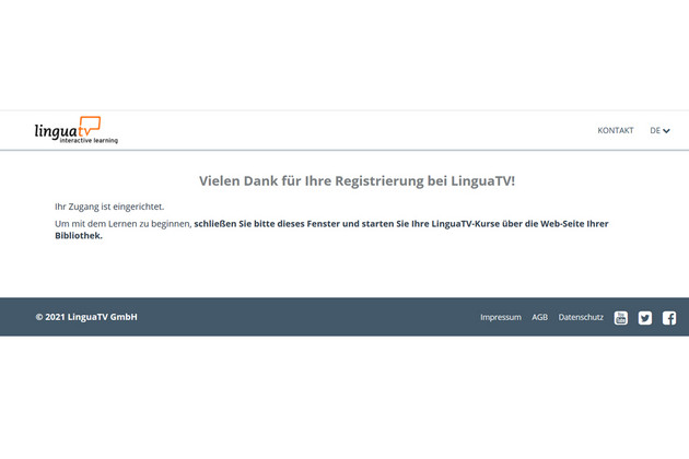 Bildschirmfoto der lingua.tv Webseite mit der Erfolgsmeldung der Erstanmeldung und Aufforderung zum Schließen des Fensters