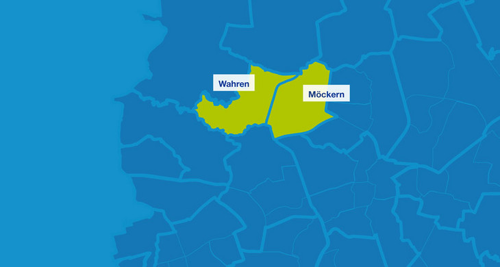 Karte mit den Umrissen der Leipziger Ortsteile. Hervorgehoben sind Wahren und Möckern.