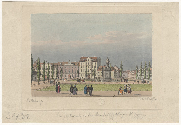Historisches Zeichnung des Wilhelm-Leuschner-Platzes mit Gründerzeitbauen, einem großen Denkmal und Menschen in Kleidung des frühen 19. Jahrhunderts.