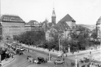 Leipziger Postkartenmotiv um 1920: Fleischerplatz mit Altem Theater und Ring-Messehaus