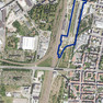 Zu sehen ist das Luftbild zum Grünen Bahnhof Plagwitz mit einer gelben Umrandung des Bebauungsplanes Nr. 380.1 aus dem Jahr 2022.