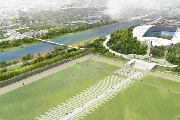 Rendering des geplanten Leipziger Stadionumfeldes mit Blick auf die Festwiese aus der Vogelperspektive
