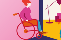Grafik: Eine Frau im Rollstuhl in auf dem Weg in ihr Wohnzimmer