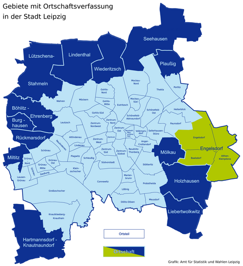 Karte der Leipziger Ortsteile und Ortschaften - Engelsdorf hervorgehoben